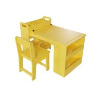 GarveeHome Mesa Infantil de Madera con 2 sillas - Estanterías Abiertas de 4 Niveles y Soporte para Rollo de Papel - Amplio Espacio de Almacenamiento - Escritorio Multifuncional Amarillo