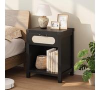 GarveeHome Mesita de Noche con cajón y Compartimento Abierto, cómoda con Frente de ratán, Mesa Auxiliar Bohemia, para salón y Dormitorio, 48 x 40 x 60 cm