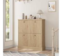 GarveeHome Modern Fluted Shoe Cabinet with 2 Turnover Drawers - Adjustable & Removable Shelves - Hidden Entryway Storage Organizer - Freestanding Narrow Oak Hallway Furniture - Natural Wood Color