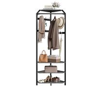 GarveeHome Perchero Esquinero Multifuncional Con Zapatero y 6 Ganchos Dobles, Perchero De Entrada Con Estantes, Ahorro De Espacio, Marco De Metal Dorado, 50x50x180 cm, Fácil Montaje