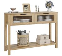 GarveeHome Rustic Farmhouse Wood Console Table - 2 Glass Drawers - 2-Tier Entryway and Sofa Table - Open Storage Shelf for Living Room, Hallway, Foyer - Wood Color