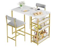 GarveeHome Set Compacto de Comedor para 2 Personas - Mesa Alta con 3 estantes y 2 sillas tapizadas - Ideal para Espacios pequeños y Apartamentos - Diseño mármol Dorado y Gris -1+2 Set