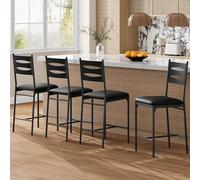 GarveeHome Sl lack Counter Height Bar Stools - Set of 4 Modern Upholstered Dining Chairs with Backrest, Thick Padded Faux Leather Seat, Sturdy Metal Frame -- Black Wood Grain, 4-Pack