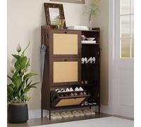 GarveeHome Slim Rattan Shoe Cabinet - 3 Turn Over-Style Drawers, 4-Tier Adjustable Shelves, Freestanding Narrow Entryway Shoe Organizer, Metal Knob, Modern Storage - Deep Cherry