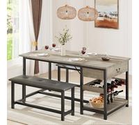 GarveeHome Space-Saving Dining Table Set for 4 with Storage Drawers, Wine Rack, 2 Upholstered Benches - Compact Modern Kitchen & Dining Room Set for Apartments - Grey