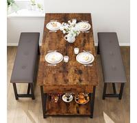GarveeHome Space-Saving Dining Table Set for 4 with Storage Drawers, Wine Rack, 2 Upholstered Benches - Industrial Rustic Wood & Metal Kitchen Furniture - Classic Color