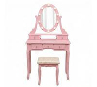 GarveeHome Tocador de Dormitorio Moderno con Espejo LED Giratorio - 5 cajones espaciosos - Taburete Incluido - Estilo Elegante para Mujeres y niñas - Ideal para habitación - Color Rosa