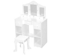 GarveeHome Tocador Infantil de Madera con Espejo LED y Taburete - Mesa de Maquillaje Blanca escandinava para niñas, 5 cajones y 4 Compartimentos Abiertos, Dormitorio o Zona de Juegos - Color Blanco
