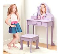 GarveeHome Tocador Infantil de Madera para niñas - Espejo Ajustable - Mesa de Maquillaje y Taburete Dormitorio y Juegos de Vestir - para 4-9 años - Púrpura sin luz, como se Muestra