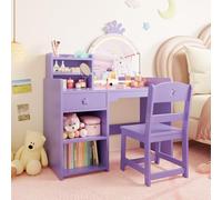 GarveeHome Tocador Infantil Multifuncional 2 en 1 con Espejo LED, Mesa de Maquillaje y Estudio para niñas - Estantes Abiertos y cajones - Incluye Silla y gabinete de Almacenamiento