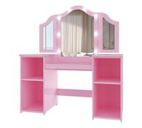 GarveeHome Tocador Infantil Princesa 2 en 1 con Espejo Triple, luz táctil, Gran almacenaje y Silla - Estantes y cajón - Fácil de Montar