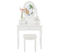 GarveeHome Tocador Moderno Compacto para Dormitorio - Espejo Ovalado LED táctil con 3 Modos de luz - 3 cajones - Taburete Acolchado - Mesa de Maquillaje MDF