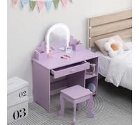 GarveeHome Tocador para niños con Espejo Iluminado, Mesa y Taburete 2 en 1 para niñas pequeñas, Maquillaje para niños con cajón y estantes Abiertos para niñas de 3 a 9 años