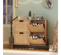 GarveeHome Zapatero con 4 Puertas Plegables de ratán Natural, Organizador de Zapatos Estrecho con Compartimentos extraíbles y pies de Metal para Pasillo, Entrada, Ahorra Espacio