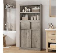 GarveeLife Armario Baño Alto 130 cm con Puertas y 2 Cajones, Mueble Almacenaje Independiente Estantes Abiertos, Gabinete Organizador para Baño, Salón, Cocina, Recibidor (Gris)