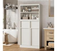 GarveeLife Armario Baño Alto 130 cm con Puertas y 2 Cajones, Mueble Almacenaje Independiente Estantes Abiertos, Gabinete Organizador para Baño, Salón, Cocina, Recibidor (Blanco)
