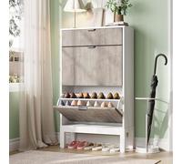 GarveeLife Armario Zapatero Estrecho con 2 cajones abatibles, 1 cajón pequeño y estantes Ajustables - Puertas ranuradas - Capacidad 8-12 Pares - para Entrada o Pasillo - Diseño contemporáneo - Blanco