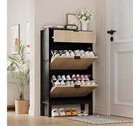 GarveeLife Gabinete Zapatero Estrecho con 2 cajones abatibles, Estante Ajustable y Patas metálicas - Almacenamiento para 8-12 Pares - Ideal Entrada, Pasillo o recibidor - Diseño Moderno - Color Negro
