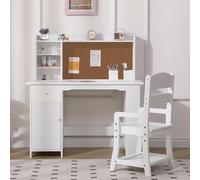 GarveeLife Juego de Escritorio y Silla para Niños de 3 a 8 Años - Mesa de Estudio de Madera con Estantería, Cajón, Armario y Panel de Corcho, 96x46x100CM y 72x34x29-38CM Blanco