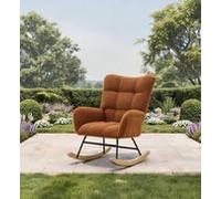 GarveeLife Silla Mecedora Ergonómica De Descanso, Respaldo Alto Tapizado En Peluche, Base De Madera y Patas Metálicas, Soporte 120kg, Sillón para Lectura, Hogar y Hostelería, Color Marrón
