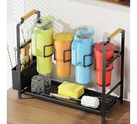 GarveeLife Soporte de metal para botellas y vasos de 2 niveles, práctico estante para botellas de agua, tazas, utensilios de cocina y estación de café, ahorro de espacio para armario de cocina