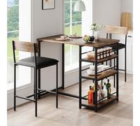 GarveeMore Conjunto De Comedor Compacto para 2 Personas, Mesa Alta con 3 Amplios Estantes De Almacenaje y 2 Taburetes Acolchados, Mueble Multifuncional para Cocina o Salón Pequeño
