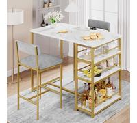 GarveeMore Juego de Mesa de Bar Comedor con 2 Sillas, Mesa de Mármol Artificial con Marco Dorado y 3 Estantes de Almacenamiento, Muebles de Cocina para Hogar y Salón,Dorado