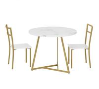 GarveeMore Juego de Mesa Redonda y 2 Sillas para 2 Personas, Tablero de Efecto Mármol Blanco, Marco de Metal Dorado, Estilo Moderno Elegante, para Cocina, Comedor y Pequeños Espacios