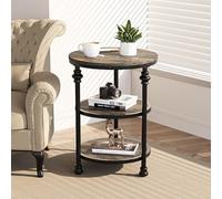 GarveeMore Mesa Auxiliar Redonda de 3 Niveles, Mesa de Noche Estilo Industrial con Patas Decorativas, para Salón, Dormitorio y Sofá, Gris Rústico, 45x60cm