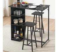 GarveeMore Mesa de Bar con 2 taburetes Altos: Mesa 90x50x90 cm, 2 taburetes Duros 27x27x60 cm, Madera, Soporte metálico, Almacenamiento Abierto, Ideal para Bar y Comedor, Color Negra