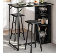 GarveeMore Mesa de Bar con 2 Taburetes Altos: Mesa de Comedor Negra 90x50x90 cm, 2 sillas Acolchadas 27x27x60 cm, Madera, Soporte metálico, Almacenamiento Abierto, para Bar y Comedor