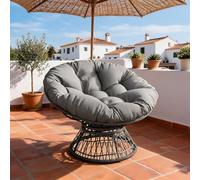 GarveeMore Sillón Papasan de Ratán con Cojín Grueso y Cómodo, Estructura de Acero Estable y Giro 360°, Ergonómico, Acogedor y Relajante para Salón, Dormitorio, Rincón de Lectura o Terraza, Gris
