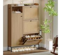 GarveeMore Zapatero Alto con Puertas de Mimbre, Armario para Zapatos Multinivel con Perchero Lateral, para Recibidor y Entrada, Color Madera Natural 90×12×131 cm