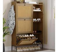 GarveeMore Zapatero Estrecho de Madera con 3 Cajones Volcables, Armario de Entrada de 3 Niveles con Puerta, Capacidad para Botas Largas y Tacones Altos, Patas Metálicas Altas, Color Madera Natural