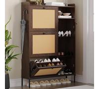 GarveeMore Zapatero Estrecho de Madera con 3 Cajones Volcables y Puertas de Ratán, Armario de Entrada de 3 Niveles con Amplio Espacio para Botas Largas y Tacones Altos, Patas Metálicas Altas, Color Ce