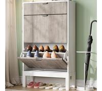 GarveeMore Zapatero Estrecho de Madera - Zapatero Volcable con 2 Puertas y 1 Cajón - Decoración con Patrón Ondulado - con Manijas Metálicas - Ideal para Entrada, Pasillo y Recibidor - Blanco & Gris