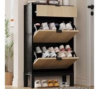 GarveeMore Zapatero Estrecho de Madera - Zapatero Volcable con 2 Puertas y 1 Cajón - Decoración con Patrón Ondulado - con Manijas Metálicas - Ideal para Entrada, Pasillo y Recibidor - Negro & Roble