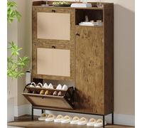 GarveeMore Zapatero para Entrada de Madera Estrecho con Puertas de Ratán, 3 Cajones Volcables y 3 Niveles de Almacenamiento, Ideal para Botas Largas y Tacones, Patas Metálicas Altas, Color Burl