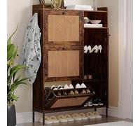 GarveeMore Zapatero Vintage de Madera con Diseño de Puertas de Ratán, 3 Cajones Volcables y Armario de Entrada de 3 Niveles, Capacidad para Todo Tipo de Calzado, Patas Metálicas Altas, Color Vintage