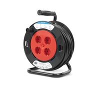 Garza - Enrollacables 15 m, 4 tomas con toma de tierra, doméstico interior, protección infantil, sobretensión y sobrecalentamiento, tambor eléctrico enrollable, rojo y negro, IP20, garantía 3 años