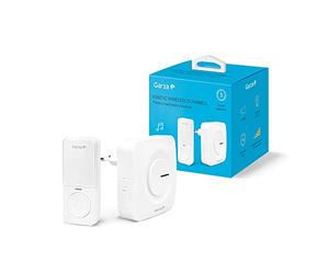 Garza - Timbre Inalámbrico Kinético para puerta, 1 pulsador + 1 receptor, Gran alcance 200 m, 64 melodías, IP56, Con indicador LED, Modo silencioso, 4 intensidades de sonido, Función memoria, Blanco