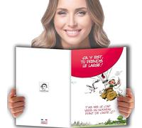 Gaston Lagaffe GLMX-2021 - Tarjeta de despedida, gran formato A4 + sobre ilustrado, diseño en francés “Bonne chance, bonne continuation”