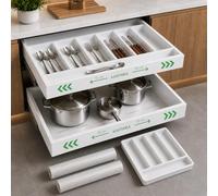GASTROTOMI, Set de 2 Cajones Extraibles para Cocina de 42 cm de Fondo + 1 Cubertero + 2 Tapetes Antideslizantes - Set 2 Organizador Armario Cocina 32-52 cm, Pack Completo de Organizador Cajones Cocina