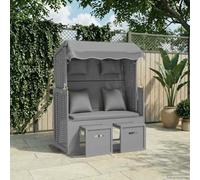 Gatherant Sillón de playa con cojín de poliratán y madera maciza de abeto gris, respaldo ajustable, toldo, reposapiés extensible para jardín, balcón, terraza, camping y bienestar