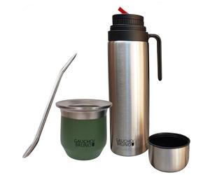 Gaucho Bruno Mate Térmico de Acero Inoxidable para Tomar Yerba Mate | Fácil de limpiar | Mantiene temperatura de la bebida | Con Bombilla y Termo 1 litro con pico de precisión icónico pico Cebador