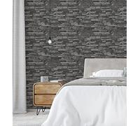 GAULAN 453180 - Papel pintado vinílico lavable efecto muro piedra pizarra negra con relieve para pared salón cocina baño comedor - Rollo de 10 m x 0,53 m