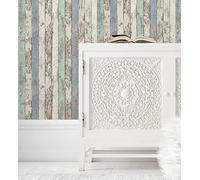 GAULAN 453895 - Papel pintado vinílico lavable madera decapada celeste verde turquesa para pared salón cocina baño comedor - Rollo de 10 m x 0,53 m