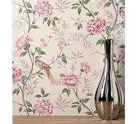 GAULAN 681989 - Papel pintado de pájaros y flores fondo texturizado efecto fibra vegetal beige para pared salón cocina baño dormitorio comedor - Rollo de 10 m x 0,52 m
