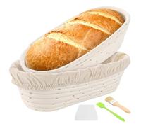 GBACHOOSE 2 Piezas Banetones para Pan 30 cm, Banneton Ovalado con Tela de Lino, Cesta Fermentacion Pan con Rascador Cepillo de Madera y Brocha Silicona para Masa Madre