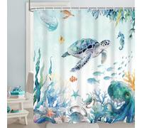 GCIREC Cortina de Ducha, 200x180cm, Acuarela Océano Azul Tortugas Marinas Estrella de Mar Pulpo Cortina de Baño de Tela Impermeable Lavable a Máquina con Ganchos